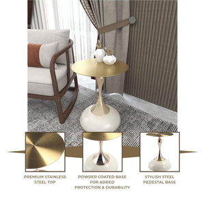 Modern Round Side Table with Gold Stainless Steel Top, Gold Pedestal Stem & Glossy Base, Accent End Table for Living Room, Bedroom, or Small Spaces, 17.7