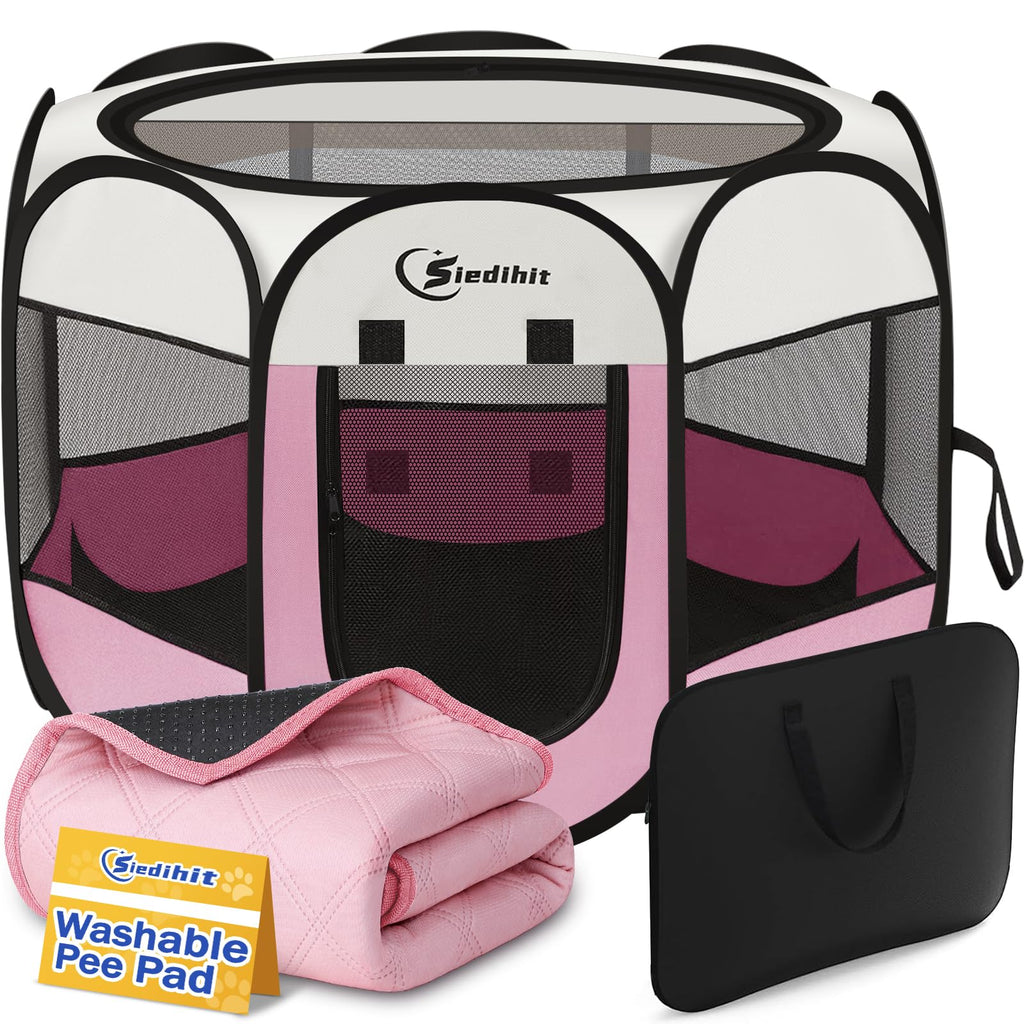 Dog Cat Playpen, Puppy Pet Playpen Indoor for Dog Crate Tent Cage Outdoor, Portable Pop Up Dogs Enclosure Kennel with Carrying Case for Dogs/Cats/Rabbits (Pink with Pad, Medium)