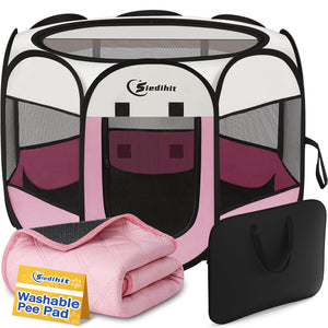 Dog Cat Playpen, Puppy Pet Playpen Indoor for Dog Crate Tent Cage Outdoor, Portable Pop Up Dogs Enclosure Kennel with Carrying Case for Dogs/Cats/Rabbits (Pink with Pad, Medium)