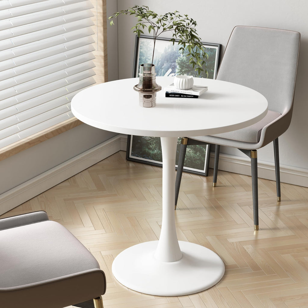 Round Dining Table 30" Circle Tulip Table with Wood Thickened Tabletop & Sturdy Metal Pedestal Mid Century Modern Leisure Bistro Kitchen Tables 4 People Small Places Living Room Cafe,White