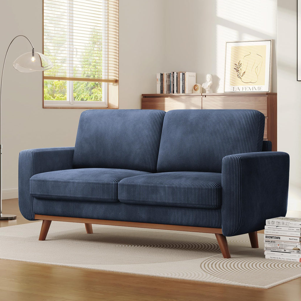 68" Loveseat Sofa Dark Blue, Comfy Corduroy Couch with Spring Cushion and Solid Wood, Modern Extra Deep Seat for Bedroom, Living Room, Office