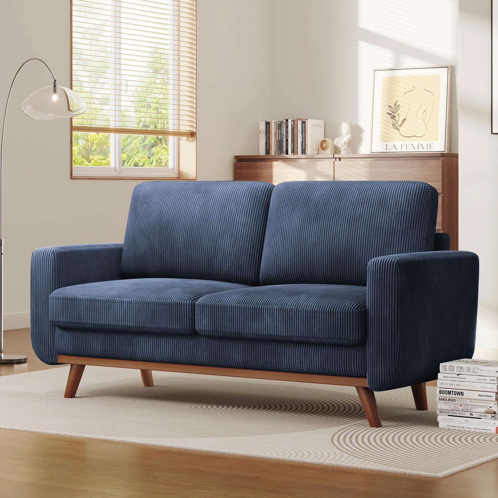 68" Loveseat Sofa Dark Blue, Comfy Corduroy Couch with Spring Cushion and Solid Wood, Modern Extra Deep Seat for Bedroom, Living Room, Office