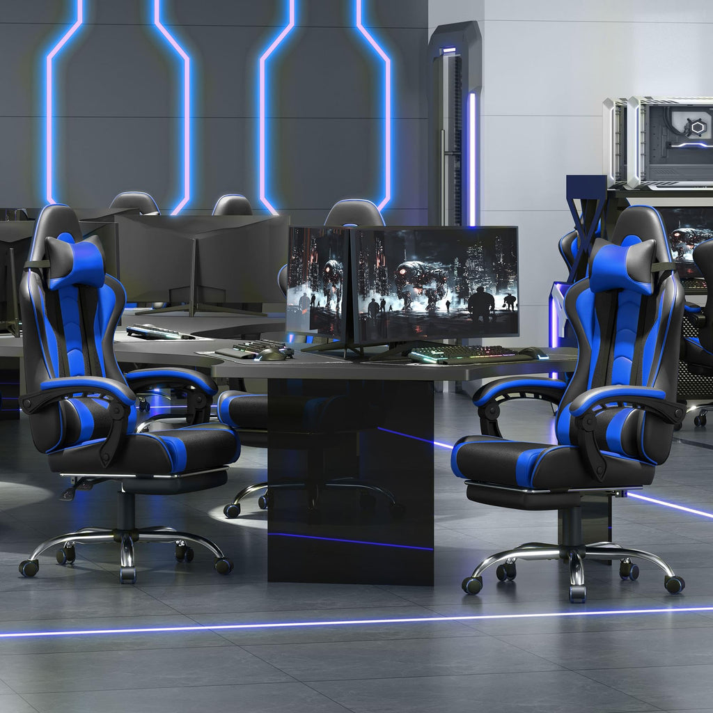 Gaming Chair, Video Game Chair with Massage Lumbar Support and Footrest Height Adjustable Ergonomic Computer Chair with Swivel Seat and Headrest Black/Blue