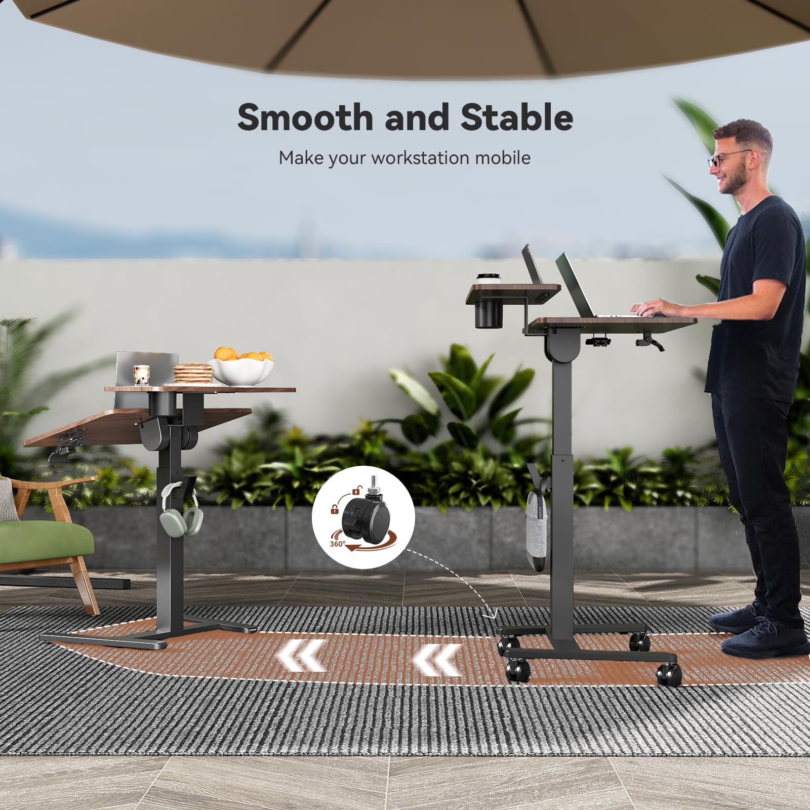 28 inch Mobile Standing Desk On Wheels， Small Computer Workstation Adjustable Height，Rolling Laptop Stand with Tiltable Desktop， 2-Tier Portable Study Table with Storage Shelf， Walnut