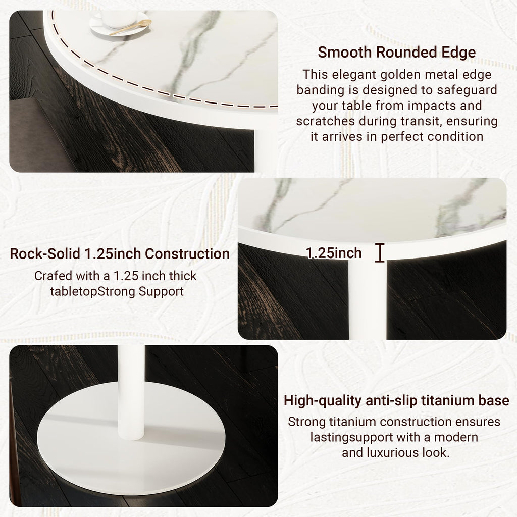 31.5" Tulip Table,Round Kitchen Dining Table for 2-4 with Thick Sintered Stone Top,Titanium Golden Pedestal Base,Heat-Resistant,Bistro Table for Dining Room,Café,Small Space（White Glacial）