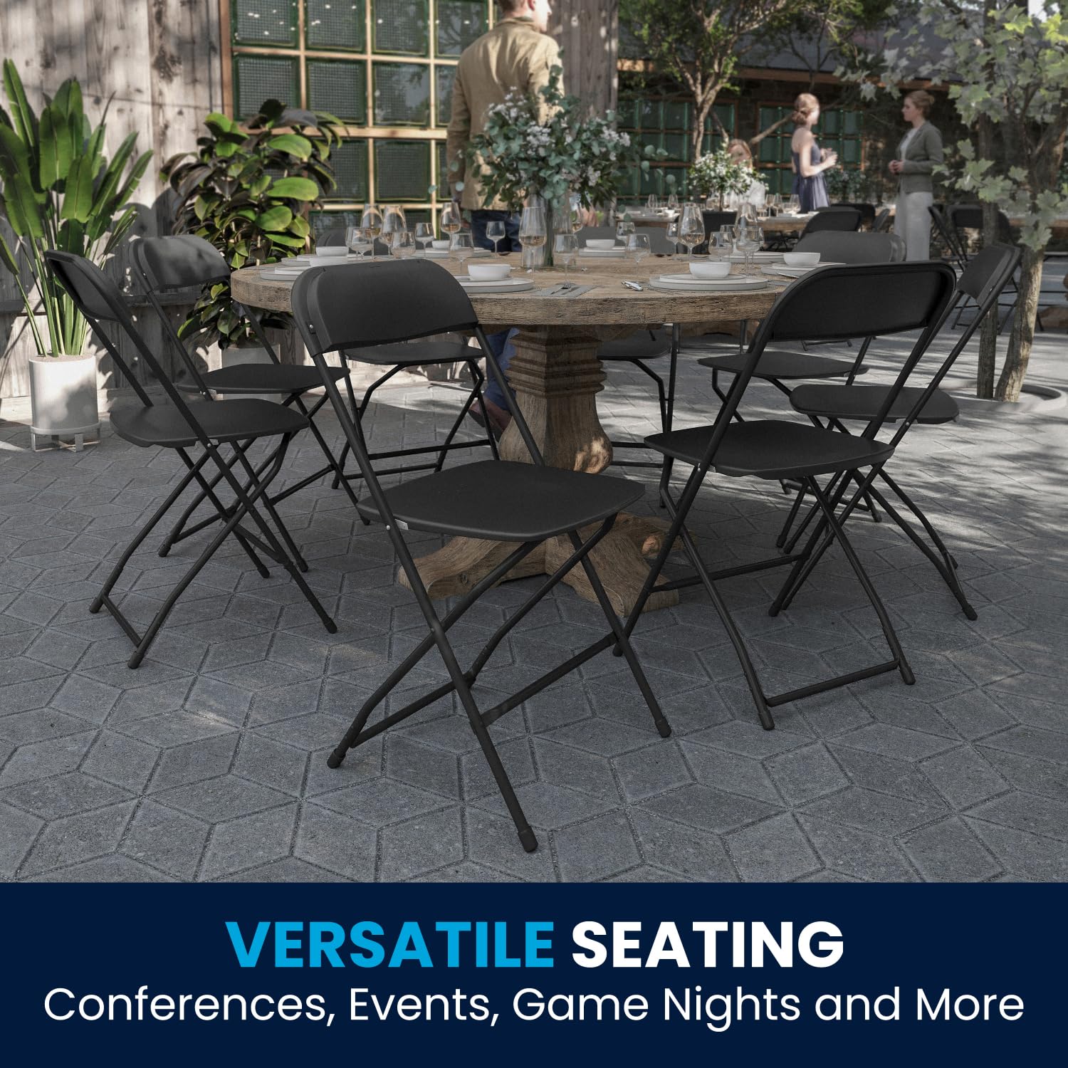 Set of 4, Black Hercules Series Plastic Folding Chairs for Parties and Weddings, Stackable Commercial Event Seats with 650-lb. Static Weight Capacity,