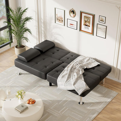 Sofa Bed Adjustable Futon Couch Sleeper Sofa Bed for Living Room, Business Office, Recliner Sofas with Cup Holders (PU Leather, Black)