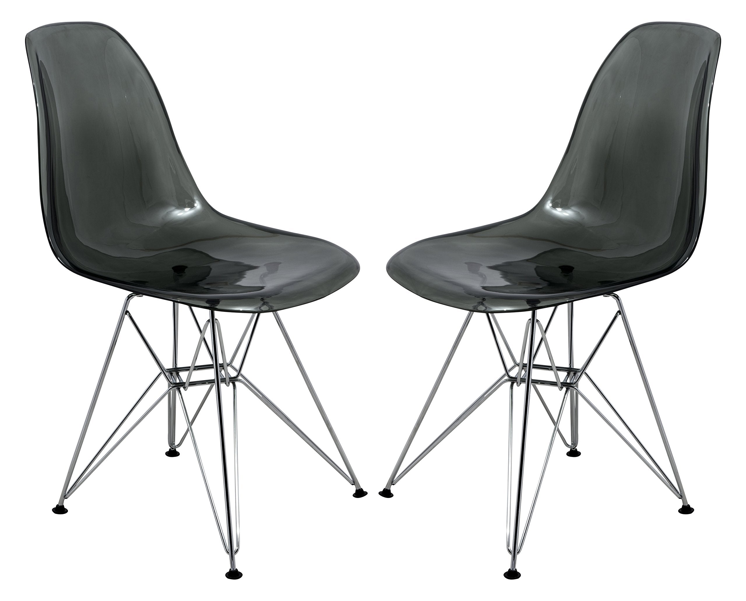 Dining, Modern Chrome Eiffel Base and Curved Back Design, Ergonomic and Lightweight Accent Side Chair for Mid-Century Home, Kitchen, and Café (Transparent Black, Set of 2)