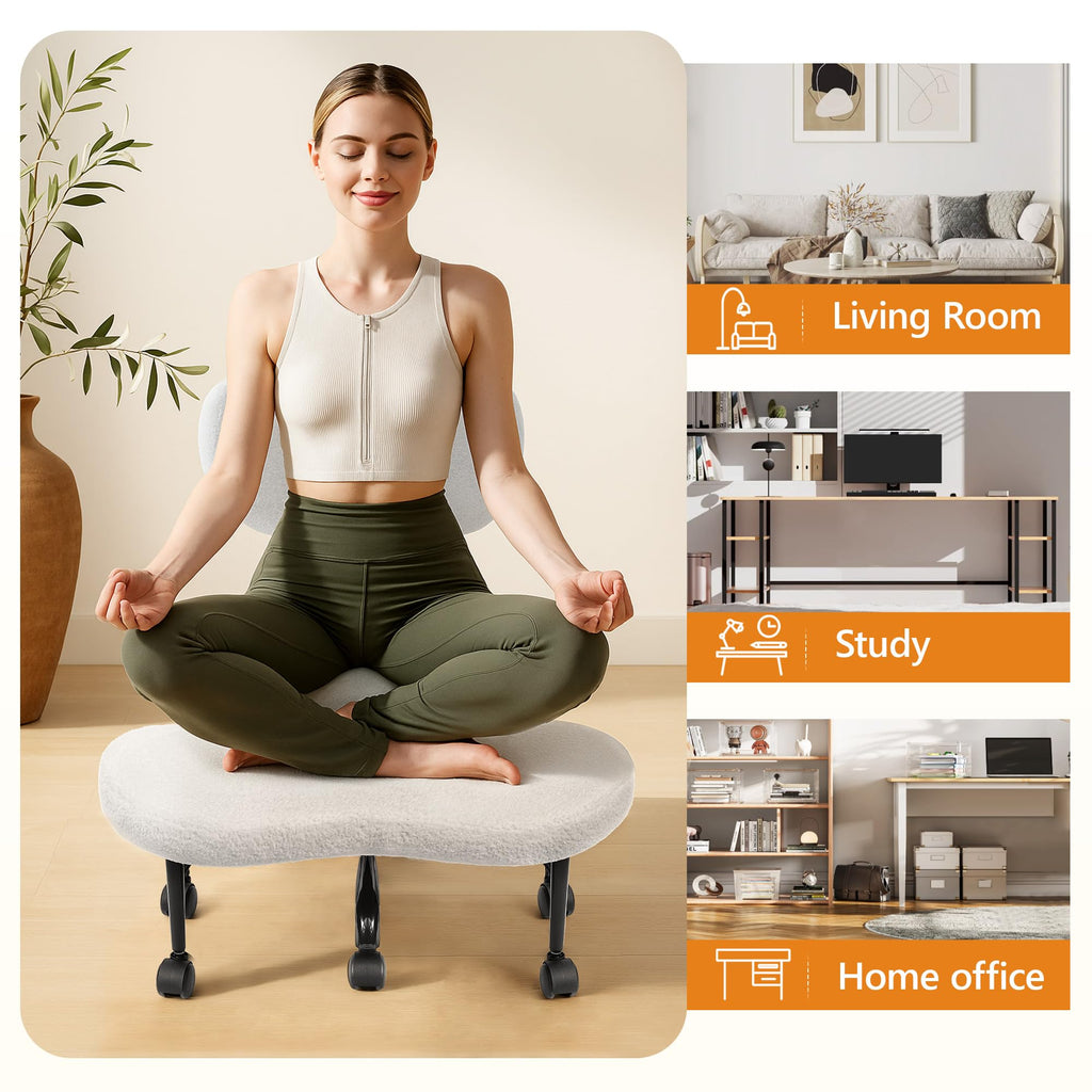 Cross Legged Office Chair, Criss Cross Desk Chair ADHD Meditation Kneeling Yoga Seat with Adjustable Height, Lumbar Support, Wider Footrest and Wheels (Pearl White)