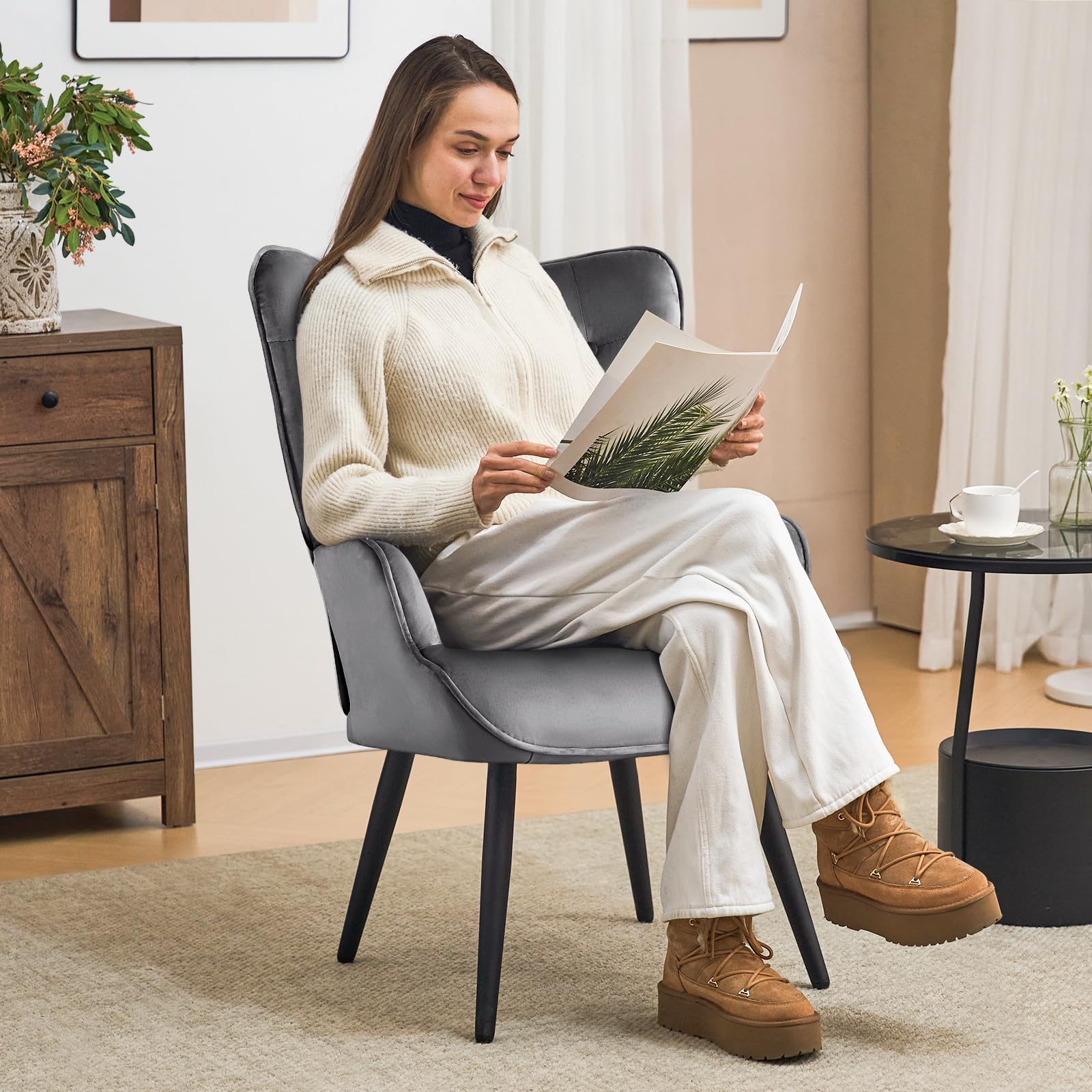 Modern Accent Chair, Velvet Tufted Button Wingback Chair Upholstered Side Armchair Comfy Lounge Chair with Tapered Legs Sofa Leisure Chair for Home Office/Living Room/Bedroom, Grey