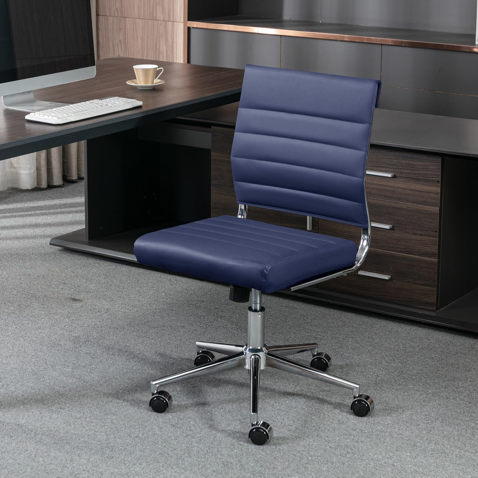 Armless Office Desk Chair, Mid Back Ergonomic Swivel Conference Room Chair, Adjustable Height PU Leather Home Desk Chair, Modern Small Rolling Computer Task Chair, Navy Blue