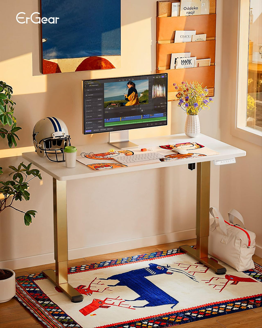 Height Adjustable Electric Standing Desk, 32 x 19 Inches Sit Stand up Desk, Memory Computer Home Office Desk, White+Gold