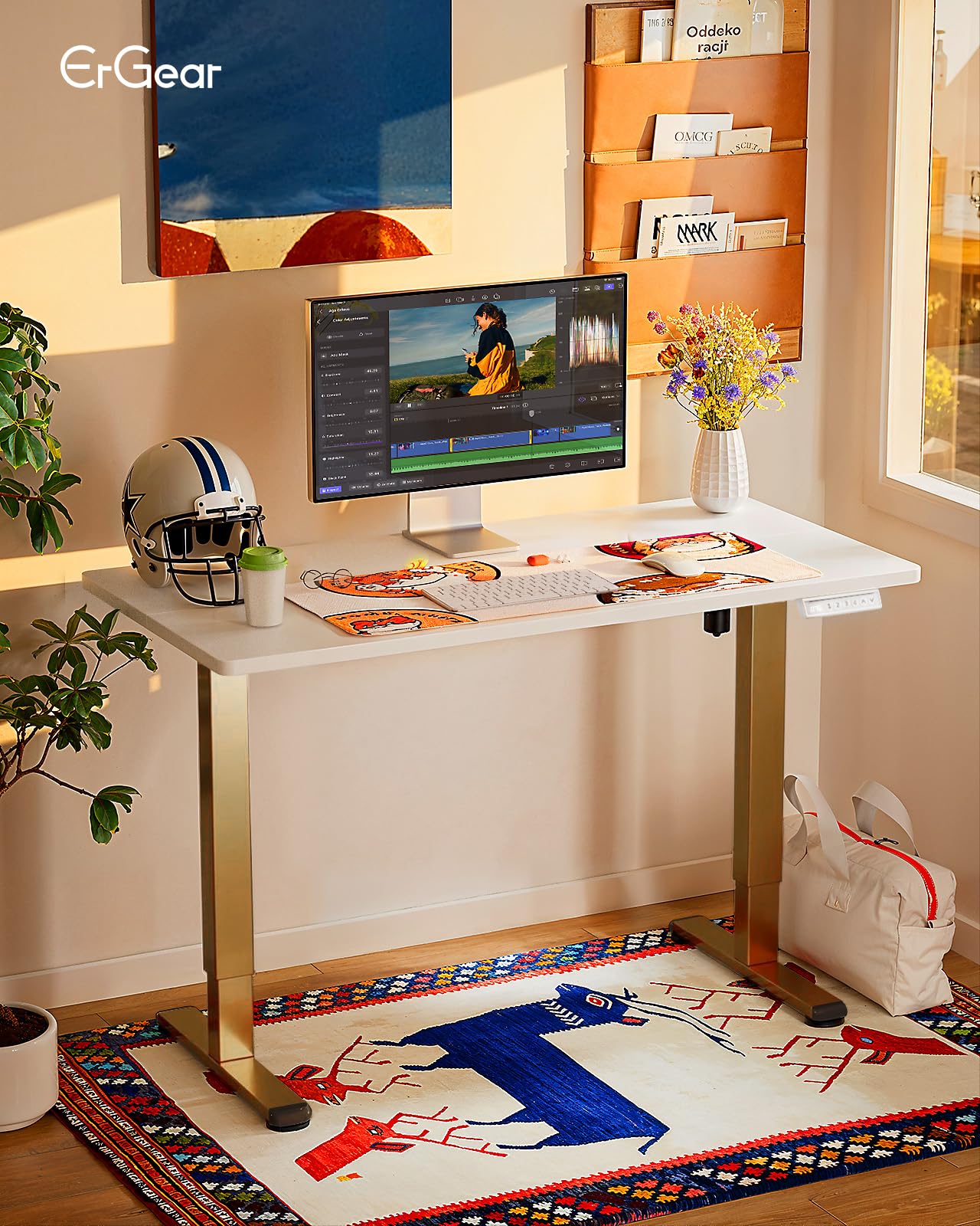 Height Adjustable Electric Standing Desk, 32 x 19 Inches Sit Stand up Desk, Memory Computer Home Office Desk, White+Gold