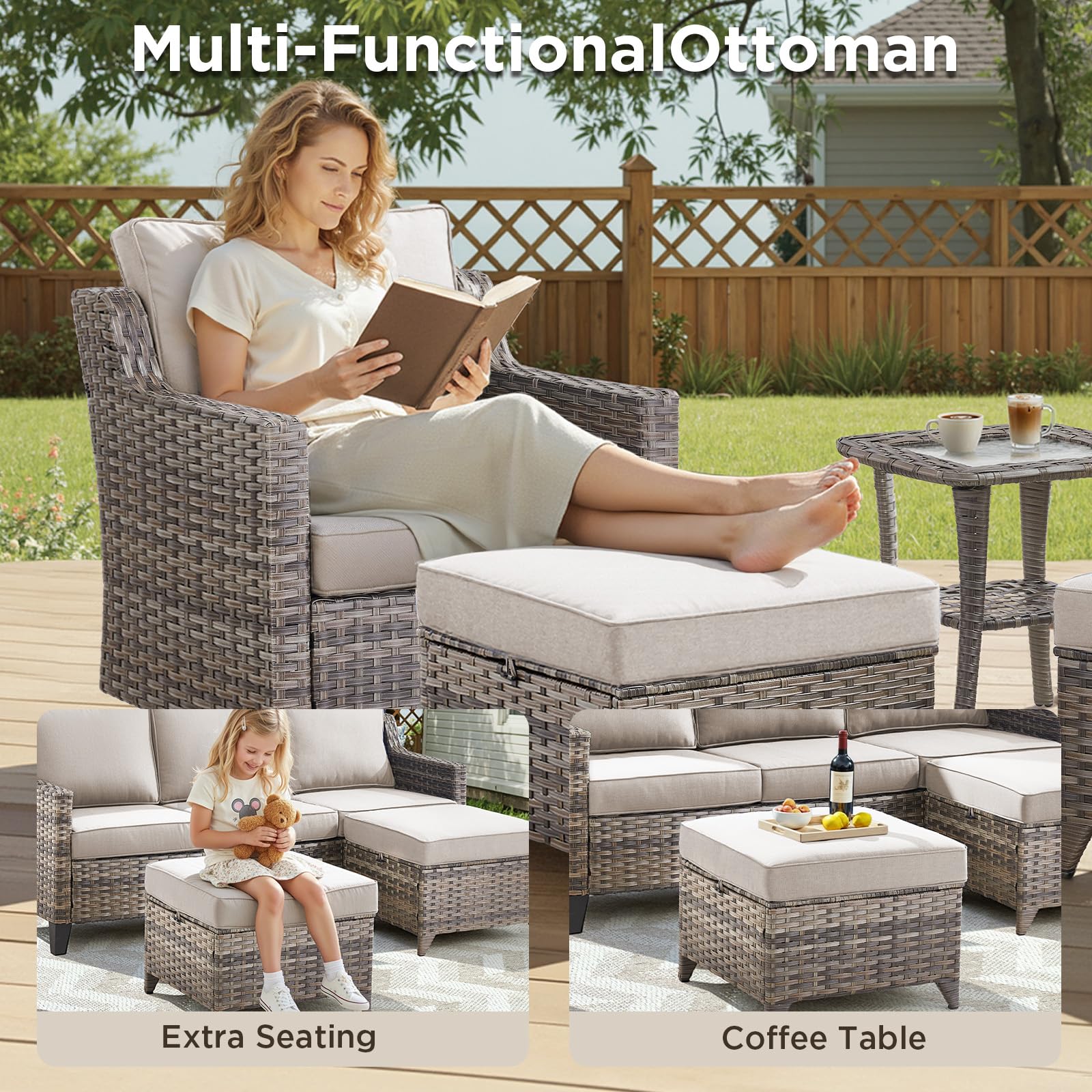 6 Piece Outdoor Patio Wicker Furniture Sets-High Back Outdoor Conversation Set Sectional Sofa with Wicker Swivel Rocker Patio Chairs,Thick Cushions Ottomans for Porch Balcony Patio Deck Grey/Beige