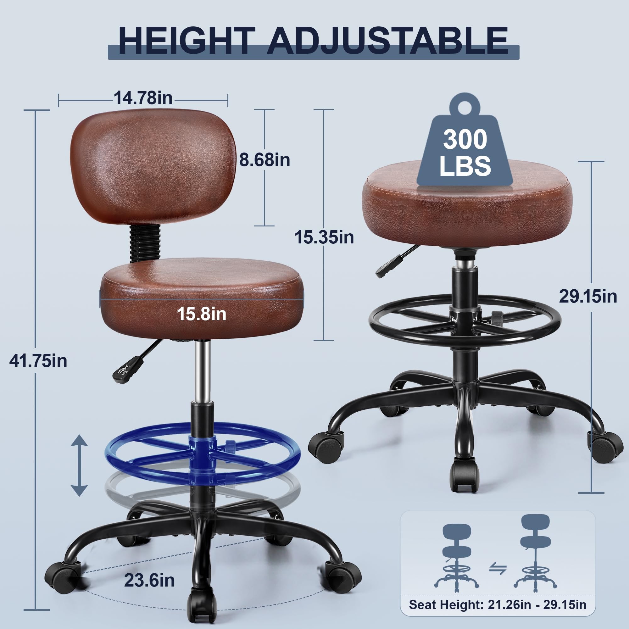 Drafting Chair with Backrest – Adjustable Foot Rest Rolling Stool with Wheels, PU Leather Swivel Stool for Office Spa Studio Lab Counter Salon Home Work Bar Kitchen Shop(Ember Brown)