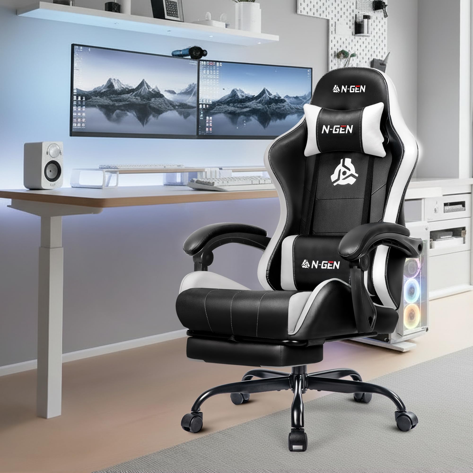 Video Gaming Chair with Footrest Lumbar Support for Home Office High Back Recliner Height Adjustable Ergonomic Comfy Leather Computer Desk Chair (White)
