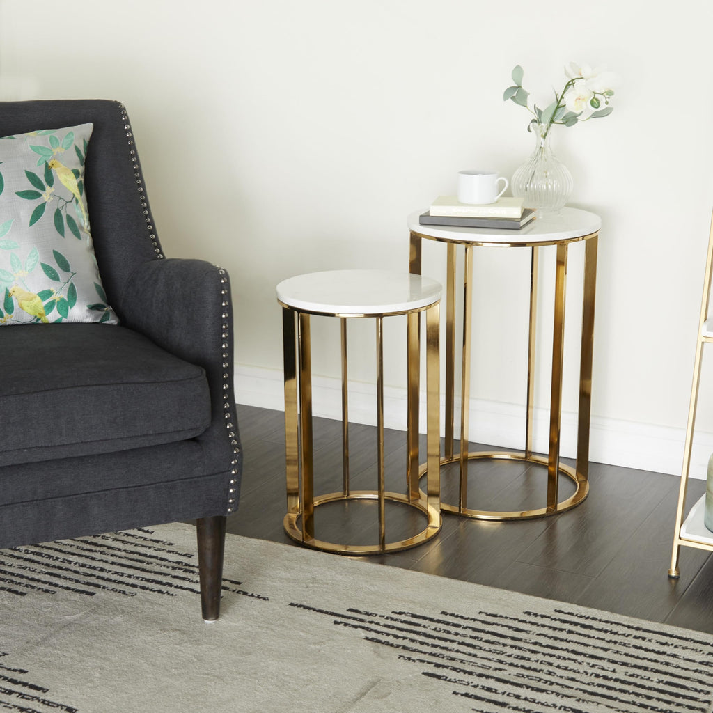Metal Side End Accent Table End Table with Marble Top, Set of 2 Side Table 24", 20"H, Gold
