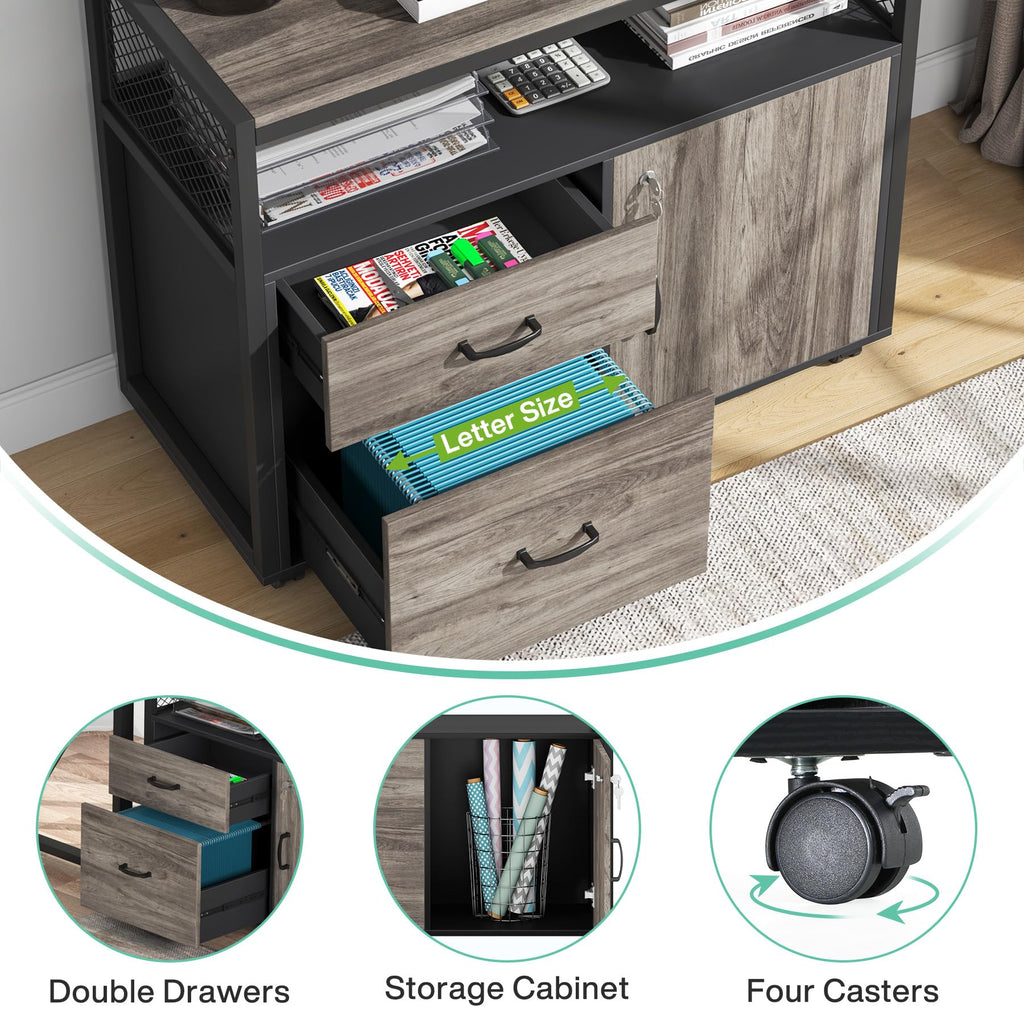 L Shaped Desk with Drawer Cabinet, 63" Executive Computer Desk and lateral File Cabinet, 2 Piece Home Office Furniture with Drawers for Hanging File, Doors with Locks (Gray, 63 inches)
