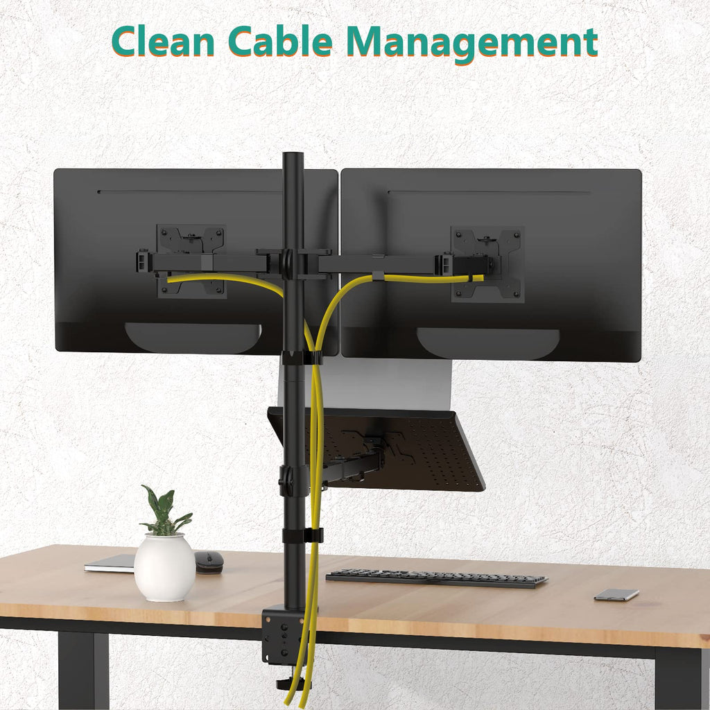 Triple Arm Laptop and Dual Monitor Desk Mount for 17" Notebook and Up to 27" Screens, Extra Tall Adjustable Monitor Stand with Laptop Tray, VESA 75x75 100x100, Black (M002XLLP)