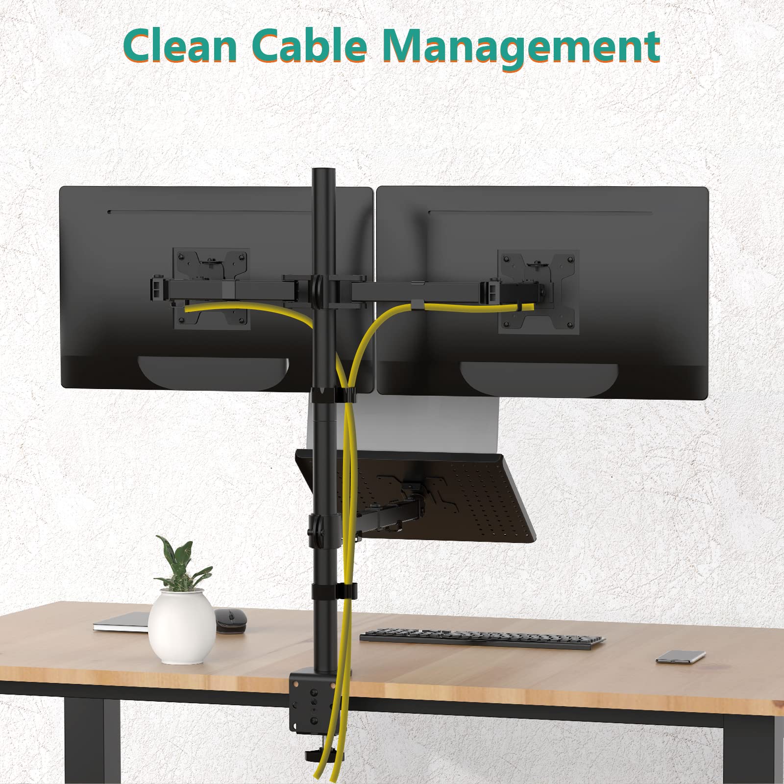 Triple Arm Laptop and Dual Monitor Desk Mount for 17" Notebook and Up to 27" Screens, Extra Tall Adjustable Monitor Stand with Laptop Tray, VESA 75x75 100x100, Black (M002XLLP)