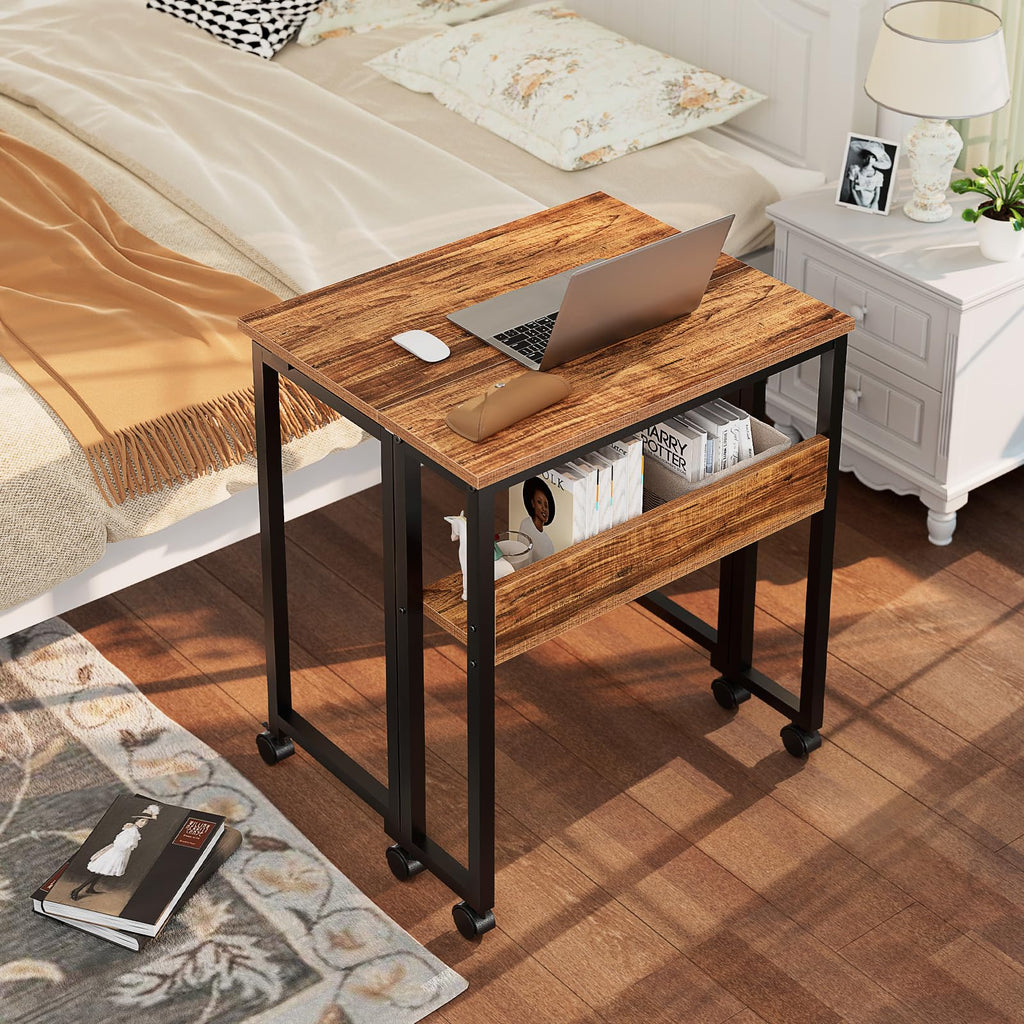 Folding Desk with Wheels, 24.8 Inch Compact Rolling Computer Table with Storage Shelf, Portable Mobile Workstation for Small Spaces, Easy Assembly,Walnut