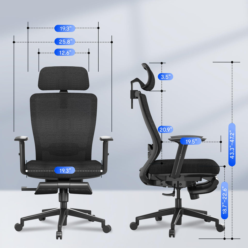 Ergonomic Office Chair with Footrest, Mesh High Back Computer Chair, Home Office Desk Chairs, with Adjustable Lumbar Support/2D Headrest/Reliable Base, OC3 Cloud-F, Black