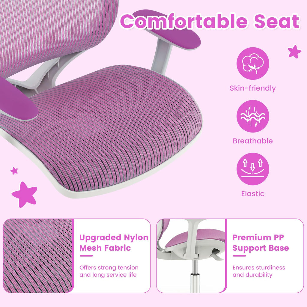 Kids Desk Chair, Height Adjustable Children Study Computer Chair with Armrests, Sit-Brake Casters, Swivel Mesh Task Chair for Boys Girls Teens Students, Kids Chair for Home, Office (Purple)