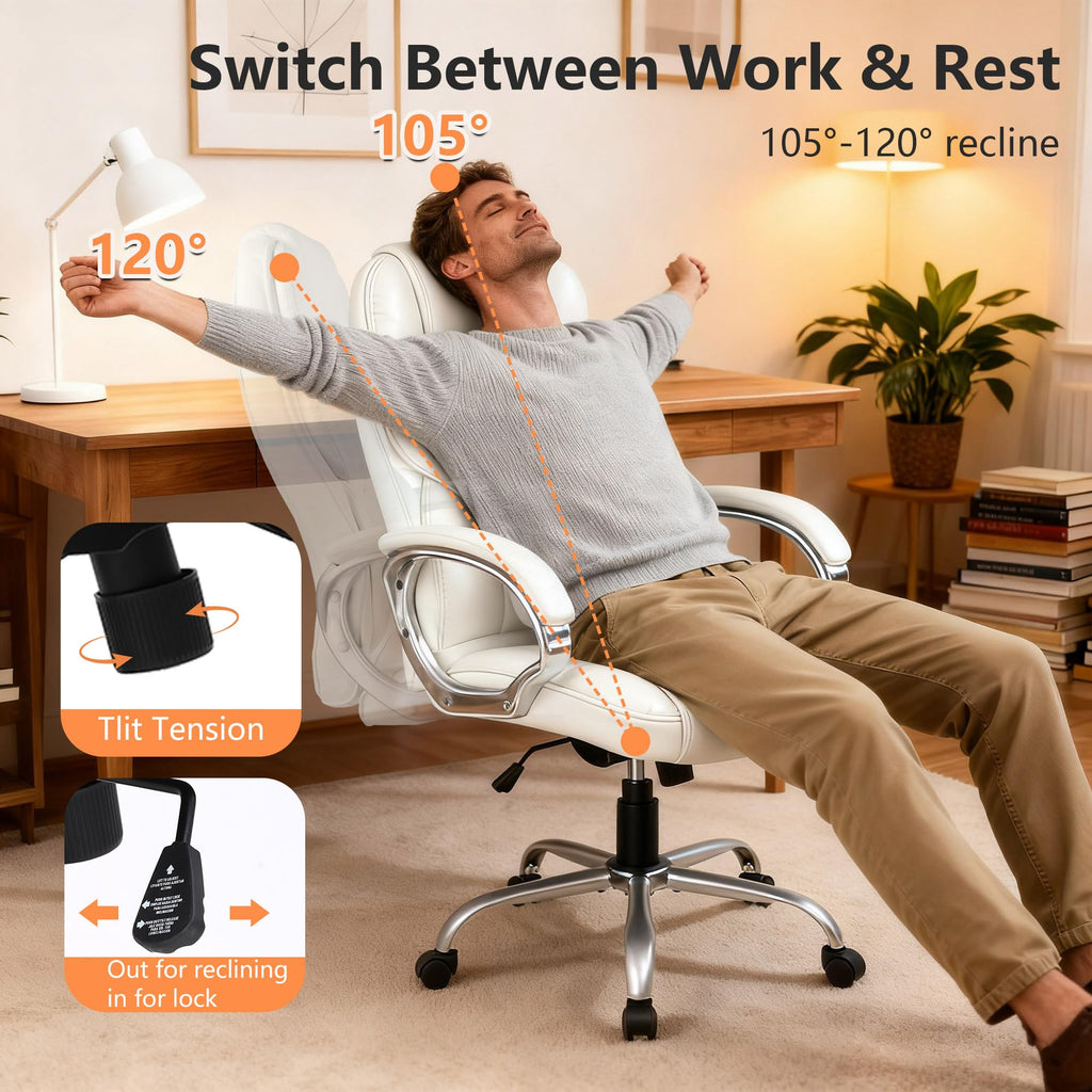 Office Chair Computer High Back Adjustable Ergonomic Desk Chair Executive PU Leather Swivel Task Chair with Armrests Lumbar Support (Beige)