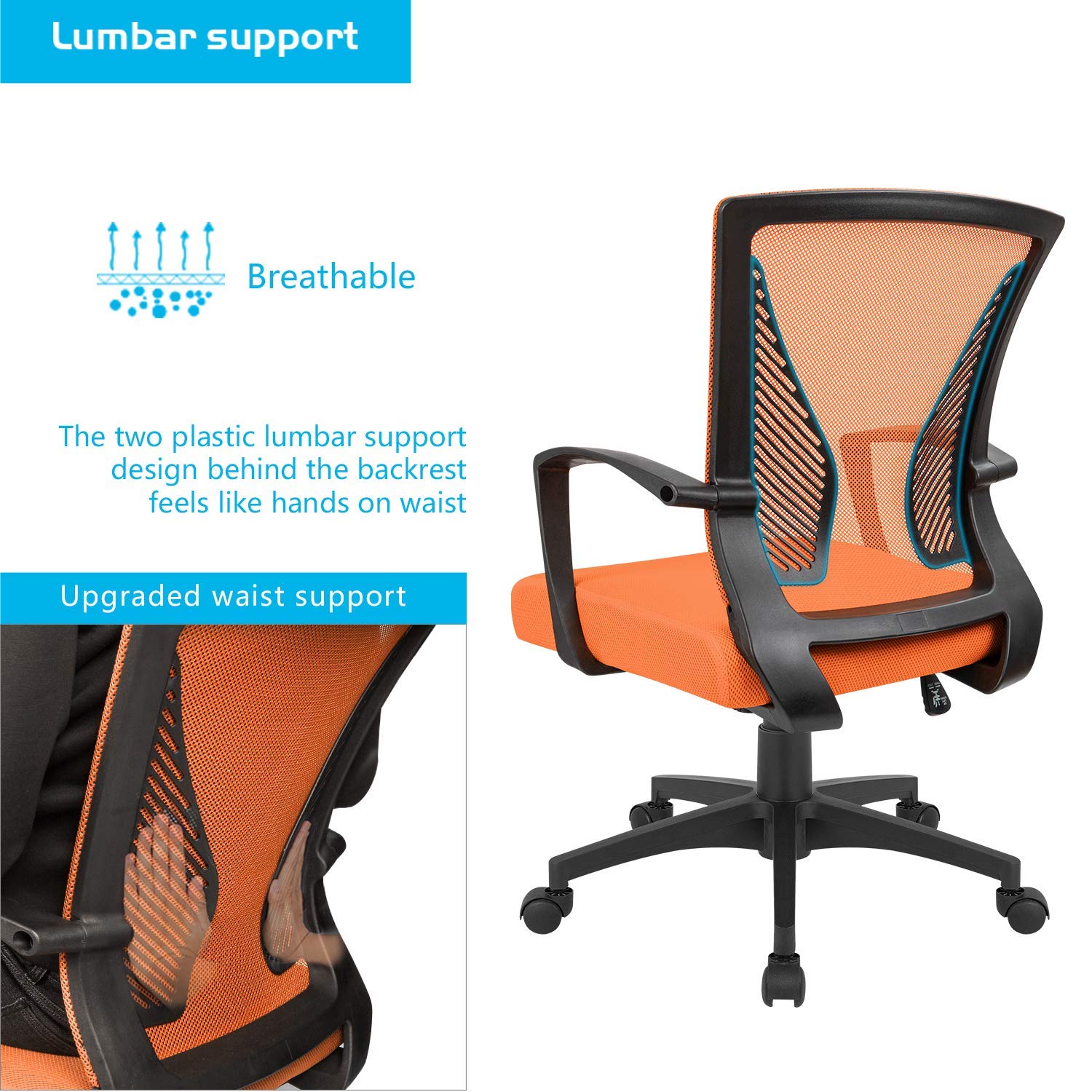 Office Chair Ergonomic Computer Desk Mesh Chair Mid Back Swivel Lumbar Support with Armrest (1, Orange)