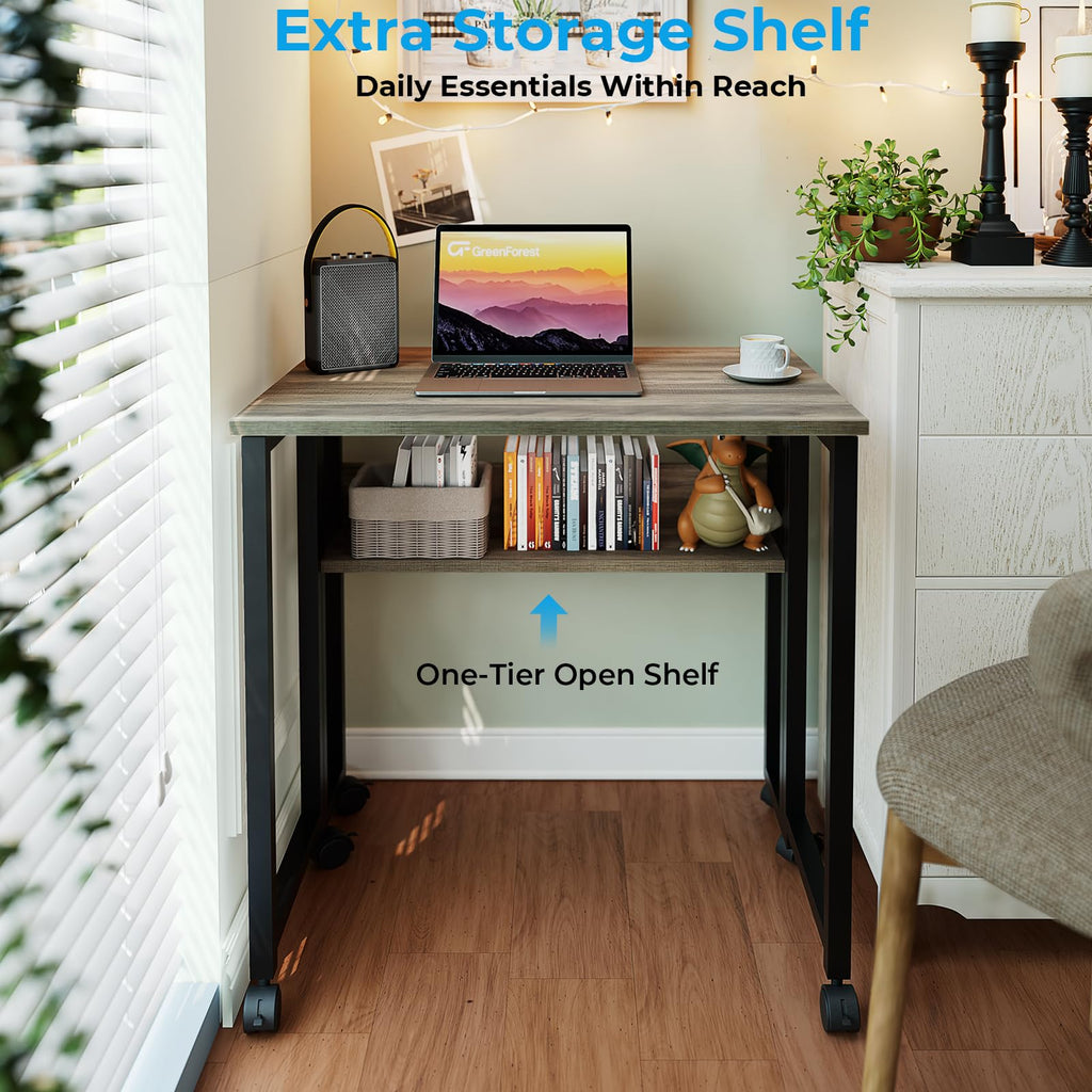 Folding Desk with Wheels, 24.8 Inch Compact Rolling Computer Table with Storage Shelf, Portable Mobile Workstation for Small Spaces, Easy Assembly,Grey Wash