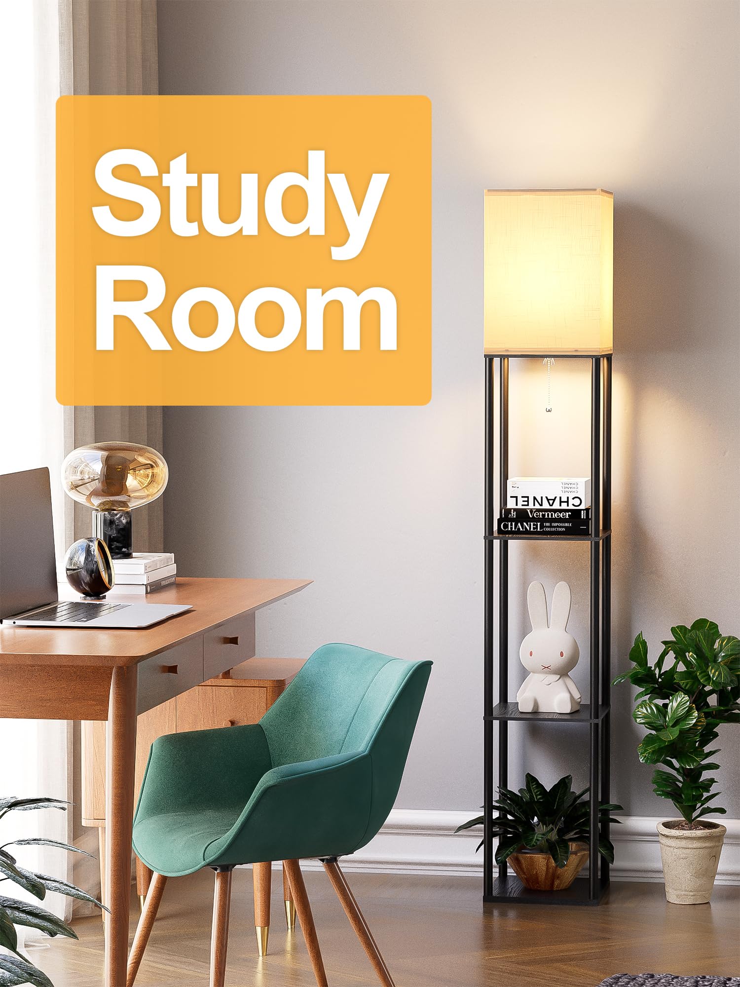 Floor Lamp with Shelves for Living Room, Shelf Floor Lamp with 3 CCT LED Bulb, Corner Display Standing Column Lamp Etagere Organizer Tower Nightstand with White Linen Shade for Bedroom, Office