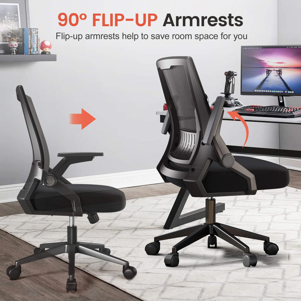 Ergonomic Office Chair with Flip-up Armrests Executive Computer Chair for Home Office, Breathable Mesh & Comfy Lumbar Support, Black