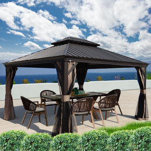 Hardtop Aluminum Permanent Gazebo with a Mosquito Net and Privacy Sidewalls (Alexander 12'x14' (Brown)