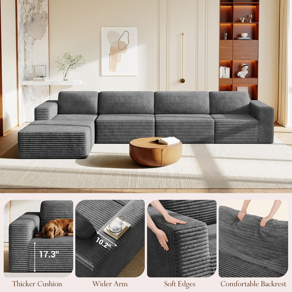 159" Large Modular Sectional Sofa, L-Shaped Corduroy Cloud Couch with Deep Seats & Spring Support, 4-Seater Boneless Sofa with Movable Ottoman, No Assembly Needed, Grey