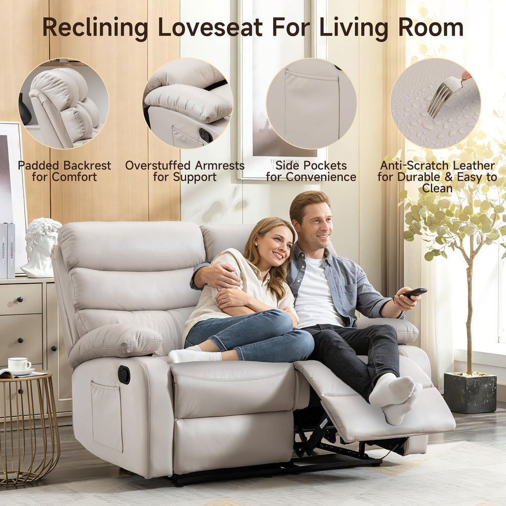 Reclining Loveseat, Leather Double Recliner Sofa with Side Pocket, Wall Hugger Loveseat Recliner for Living Room, RV, Home Theater(Beige)