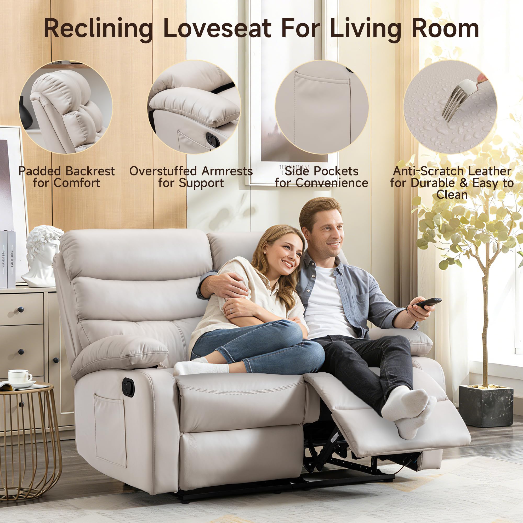 Reclining Loveseat, Leather Double Recliner Sofa with Side Pocket, Wall Hugger Loveseat Recliner for Living Room, RV, Home Theater(Beige)