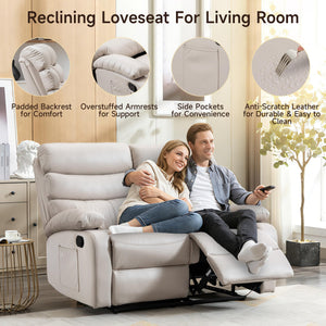 Reclining Loveseat, Leather Double Recliner Sofa with Side Pocket, Wall Hugger Loveseat Recliner for Living Room, RV, Home Theater(Beige)