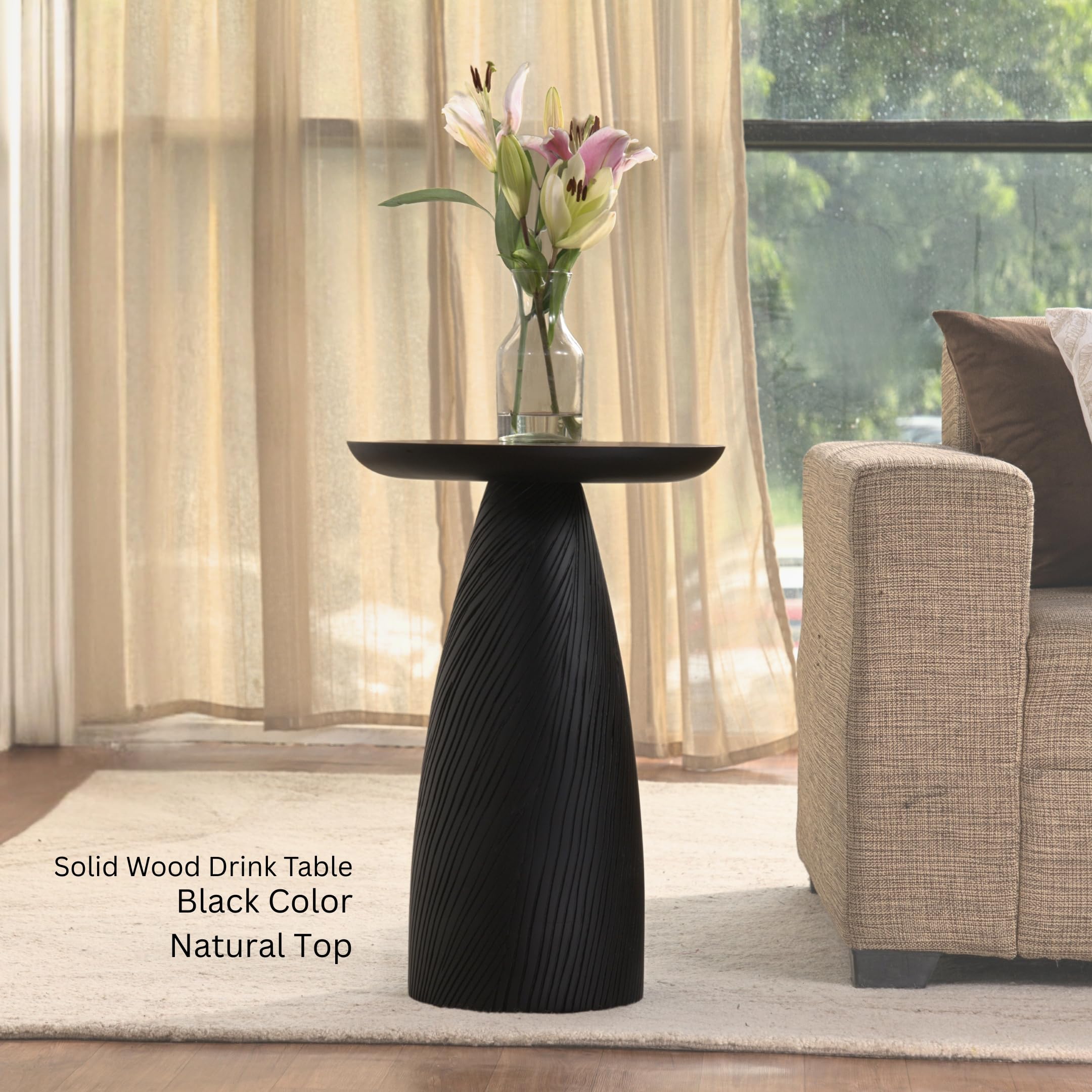 Mid-Century Farmhouse Cottagecore Accent Drink Table, Round Solid Mango Wood Accent Table with Carved Cone Base Minimalist Design for Small Spaces, Living Room, Bedroom or Entryway, Black, Assembled