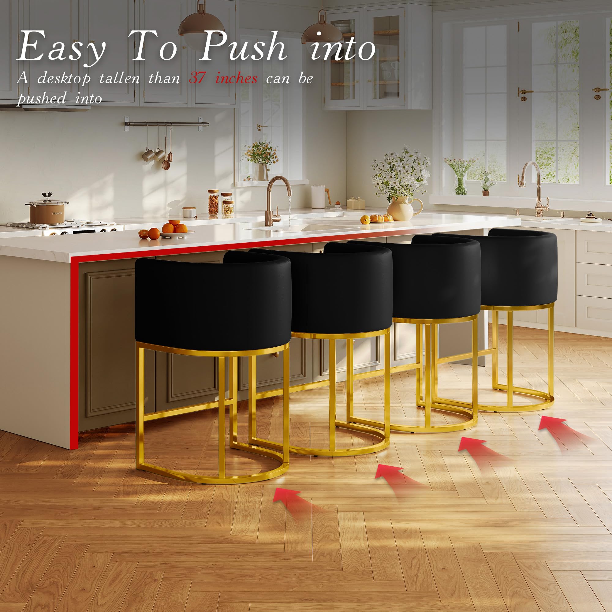 Modern Counter Height Bar Stools,Bar Stools Set of 3,PU Leather Upholstered Barrel Barstools with Backs,26'' Kitchen Island Chairs,Metal Gold Frames,Black Leather