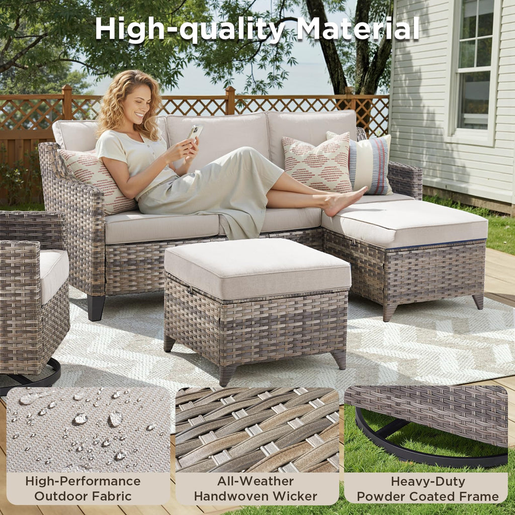 12 Piece Patio Furniture Set-High Back Outdoor Furniture Set Sectional Sofa with Wicker Swivel Patio Chairs,Comfy Cushions Ottomans for Porch Balcony Patio Deck Grey/Beige