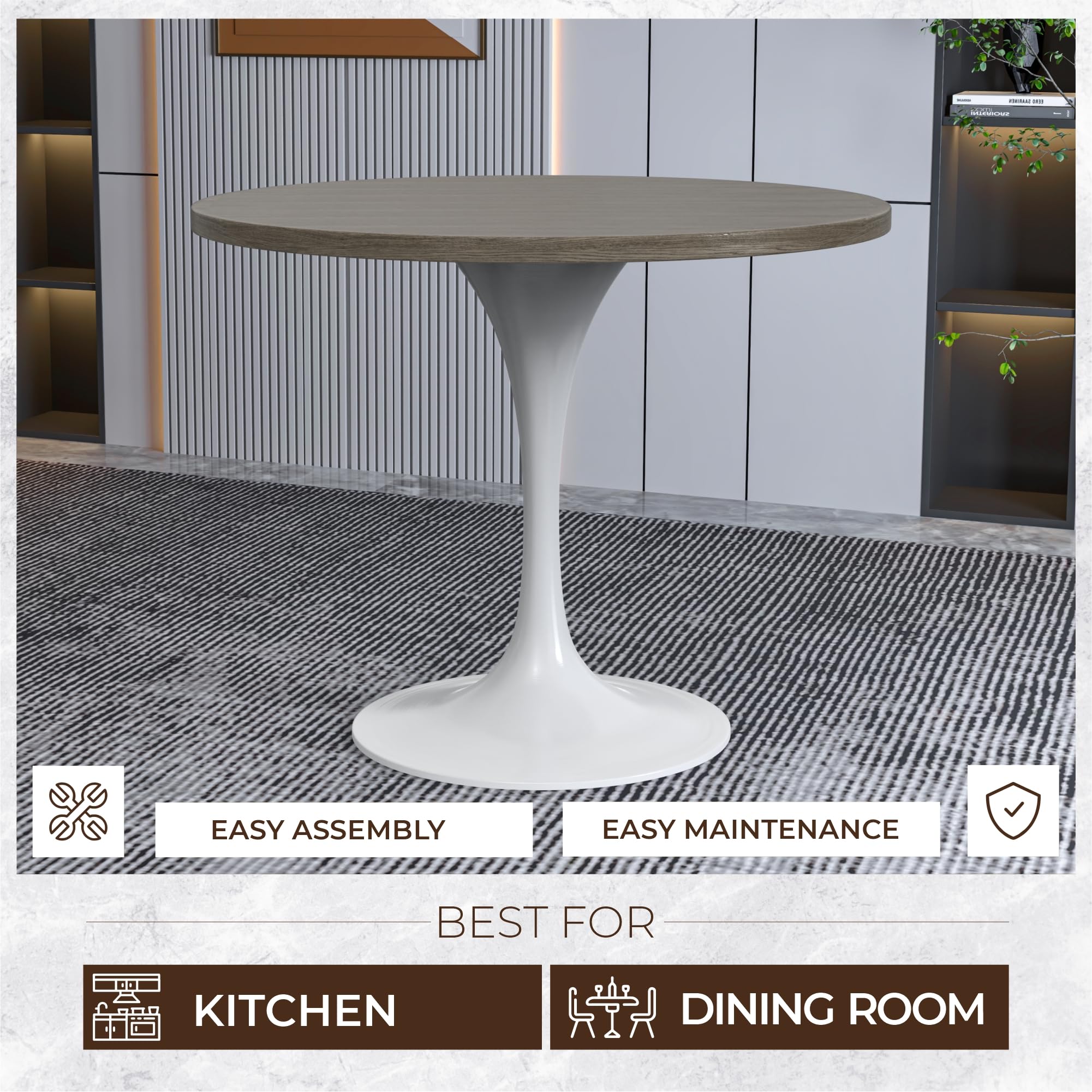 Mid-Century Modern 36 Inch Round Dining Table, MDF Wood Tabletop with White Steel Pedestal Base, Contemporary Kitchen & Dining Room Table, for Small Spaces (Dark Maple)