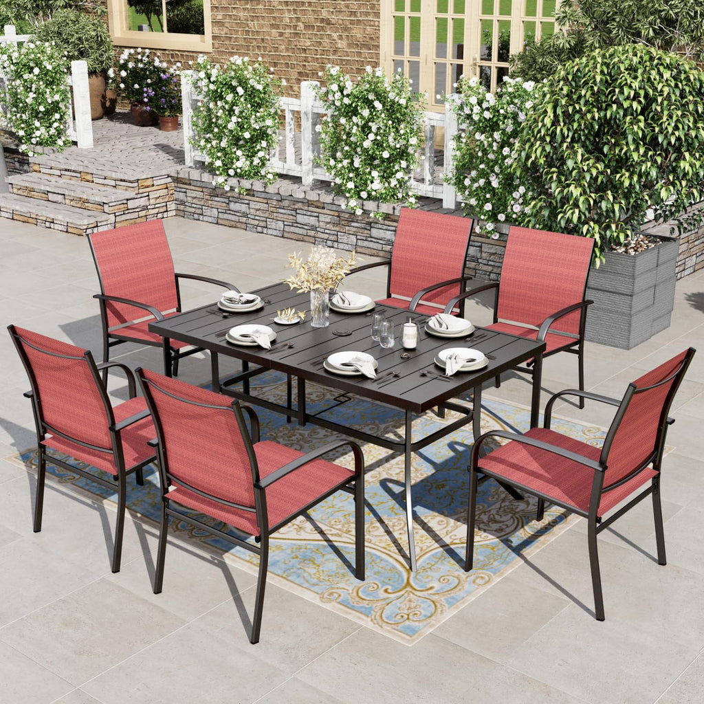 7 PCS Patio Dining Set All-Weather Outdoor Furniture, 6 Dining Chairs and Large Metal Table with Double Umbrella Hole for Yard, Garden, Porch, Deck (Red)