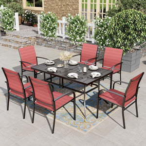 7 PCS Patio Dining Set All-Weather Outdoor Furniture, 6 Dining Chairs and Large Metal Table with Double Umbrella Hole for Yard, Garden, Porch, Deck (Red)