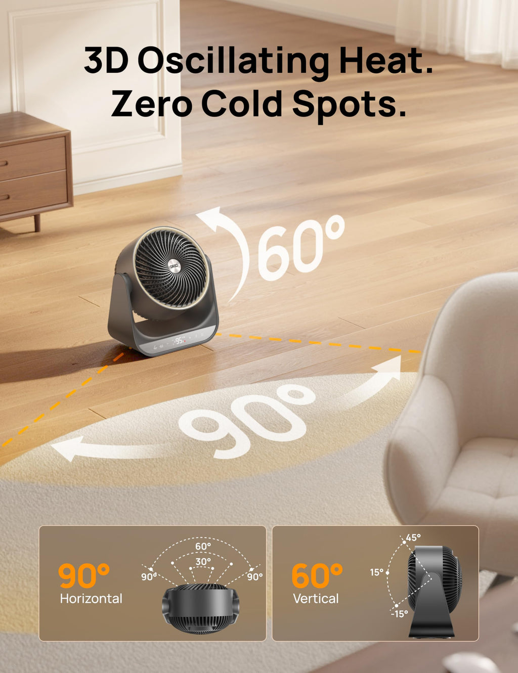 60° Vertical & 90° Horizontal 3D Oscillating Heating, 12 ft/s Long-Range Circulator, 3 Heat & 3 Fan Settings, Space Heaters for Indoor Use, Bedroom, Office, Grey