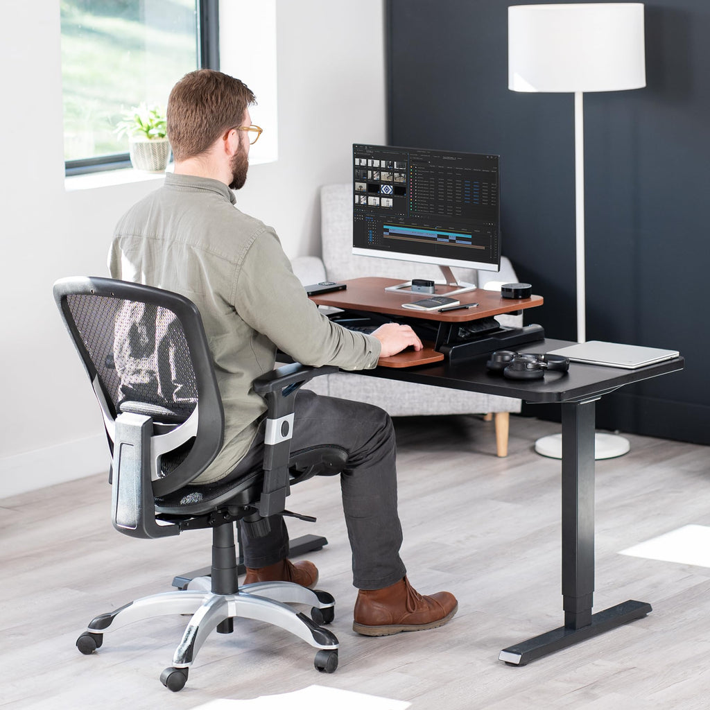 26 inch Desk Converter, K Series, Height Adjustable Sit to Stand Riser, Dual Monitor and Laptop Workstation with Keyboard Tray, Dark Walnut Top, Black Frame, DESK-V026KA