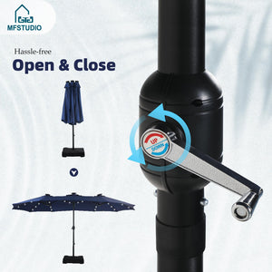15ft Double Sided Patio Umbrella with Solar Lights, Outdoor Large Umbrellas with Crank Handle and 36 LED Lights, Rectangular Market Umbrella with Base Included for Deck Pool Shade, Navy Blue