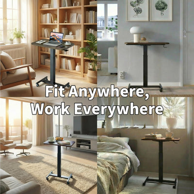 Small Rolling Laptop Standing Desk, Height Adjustable Mobile T-Base Desk with Lockable Casters, Portable Sit-Stand Workstation for Bedside & Sofa, Walnut