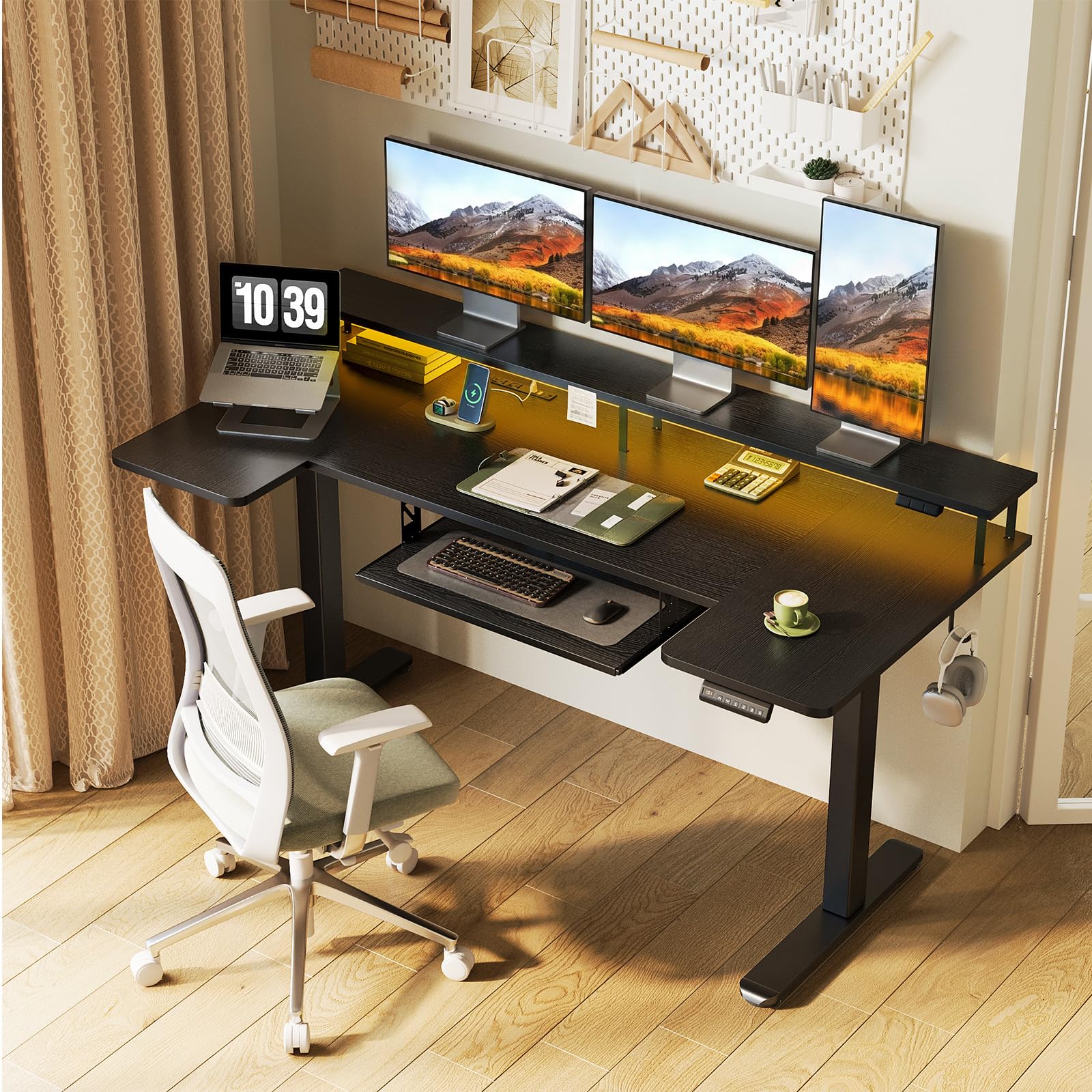 U Shaped Electric Standing Desk with Keyboard Tray, 63 Inch Height Adjustable Desk with Power Outlets & LED Lights, Sit Stand Table with Monitor Stand for Home, Office, Black