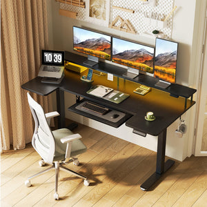 U Shaped Electric Standing Desk with Keyboard Tray, 63 Inch Height Adjustable Desk with Power Outlets & LED Lights, Sit Stand Table with Monitor Stand for Home, Office, Black