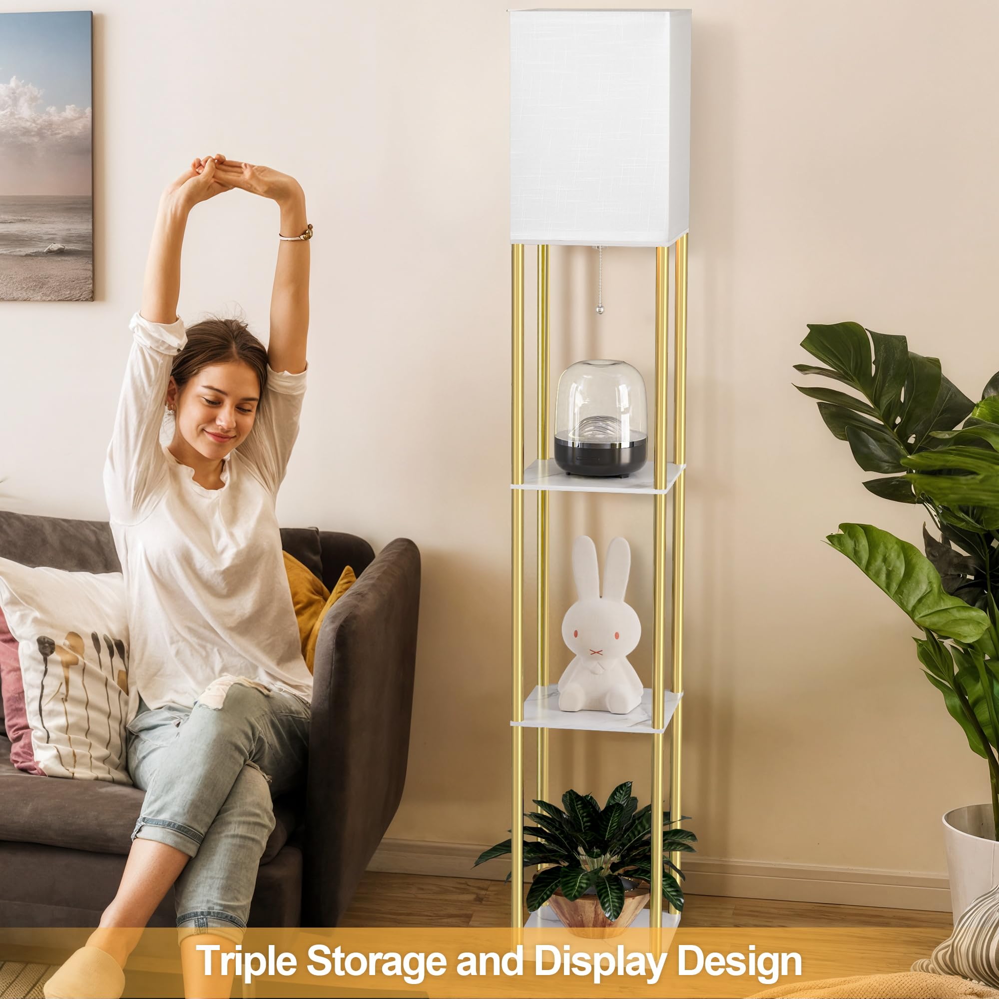 Floor Lamp with Shelves, Modern Corner Display Standing Column Shelf Lamp Etagere Organizer Tower Nightstand with White Linen Shade for Living Room, Bedroom and Office, Marble White and Gold Poles